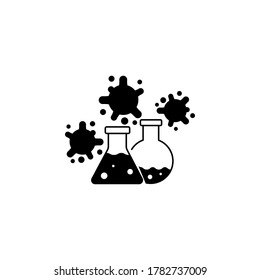 Virus, bacterias y matraz, icono de bombilla, símbolo, signo. coronavirus, icono COVID-19, logotipo negro sobre fondo blanco. 2019-ncov simple