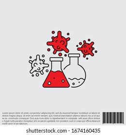 Virus, bacterias y matraz, línea de bombilla, icono lineal, símbolo, signo. coronavirus, icono COVID-19, logotipo negro y rojo sobre fondo blanco. 2019-Nov simple