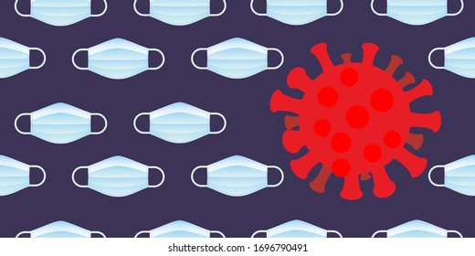 Virus or bacteria floating over tile pattern of earloop facemask. Background for social or webgraphic or poster design.