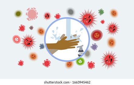 Virus, bacteria, germ vector icon isolated on background with hands cleaning with clean water and hygiene hand gel in circle, vector icon for mobile and computer graphic design