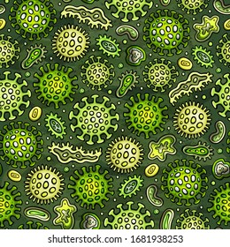 Virus and bacteria hand drawn doodles seamless pattern. Coronavirus background. Cartoon print design. Colorful vector illustrations