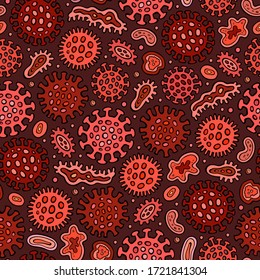 Virus und Bakterien handgezeichnet Doodles nahtloses Muster. Coronavirus-Hintergrund. Cartoon Print Design. Farbige Vektorgrafiken