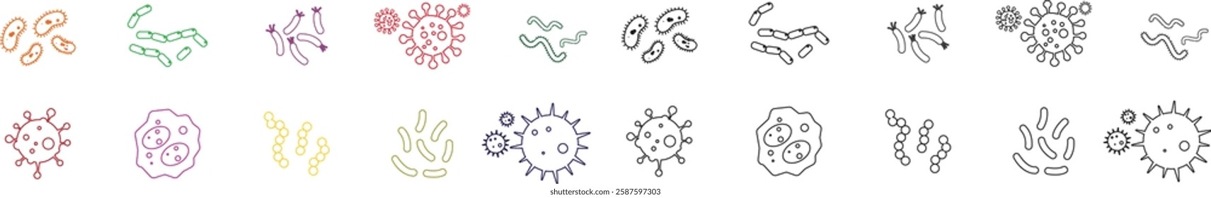 Virus and bacteria icon set. Vector collection isolated poster for healthcare education. Pathogenic bacteria viruses and microbes. Disease-causing Colorful bacterium type microorganism infection.