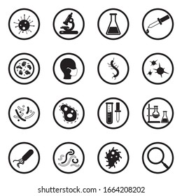 Iconos De Virus Y Bacterias. Diseño Plano Negro En Círculo. Ilustración vectorial.