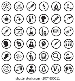 Iconos De Virus Y Bacterias. Diseño Plano Negro En Círculo. Ilustración vectorial.