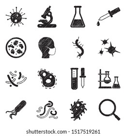 Virus And Bacteria Icons. Black Scribble Design. Vector Illustration.