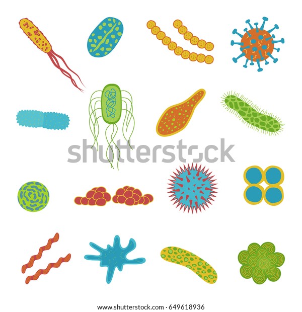 白い背景にウイルスと細菌のアイコン 平らな漫画スタイルのマイクロビオーム 微生物のベクターイラスト のベクター画像素材 ロイヤリティフリー