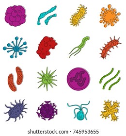 Virus bacteria icons set. Doodle illustration of vector icons isolated on white background for any web design