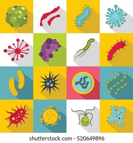 Virus bacteria icons set. Flat illustration of 16 virus bacteria vector icons for web. Organisms infected cell. Science of cancer set