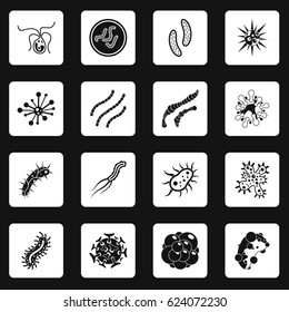Virus bacteria icons set in white squares on black background simple style vector illustration