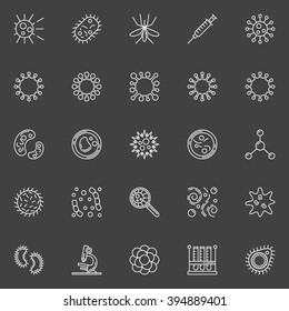 Virus and bacteria icons - vector set of microbiology or virology linear elements. Virus or microbes signs on dark background