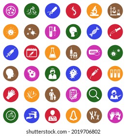 Iconos De Virus Y Bacterias. Colección Llanta Blanca En Círculo. Ilustración vectorial.