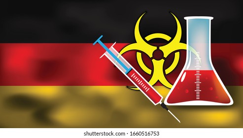 Virus or bacteria infection threat to Germany vector medical concept illustration biohazard sign with syringe and glimpse on flag background