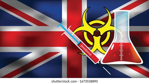 Virus or bacteria infection threat to United Kingdom (UK) vector medical concept illustration biohazard sign with syringe and glimpse on flag background