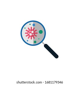 Virus and bacteria with magnifying glass filled outline icons. Vector illustration. Editable stroke. Isolated icon suitable for web, infographics, interface and apps.