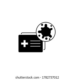 Virus, bacterias y forma médica, documento, icono de certificado, símbolo, signo. coronavirus, icono COVID-19, logotipo negro sobre fondo blanco. 2019-ncov simple