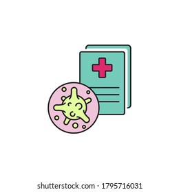 Virus, bacteria and medical form, document, certificate color line, linear icon, symbol, sign. coronavirus, COVID-19 icon, logo color on white background. 2019-ncov simple