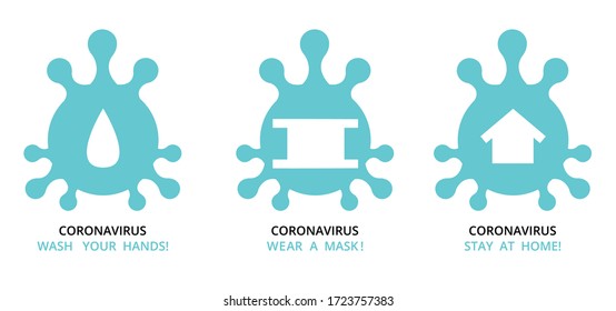 Virus , Bakterien , Mikrobensymbol , Gruppe von schematischen Abbildungen von Medizinsymbolen mit Textempfehlungen für Quarantäne bei Selbstisolierung bleiben zu Hause . Vektorgrafik