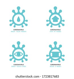virus , bacteria , microbe icon shape set , group of schematic pictures of medicine icons with text recommendation signs for quarantine at self isolation stay home period . vector