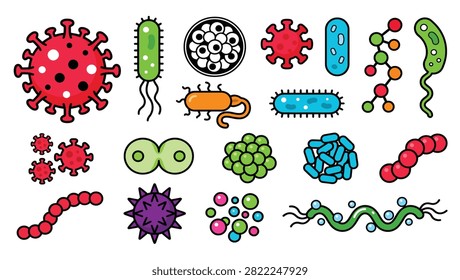 Virus and Bacteria Microbe Vector Icon Set - 16 Colorful Pathogen Symbols Featuring Coronavirus, Bacilli, Cocci, Spirilla, and Various Microscopic Organisms for Biology, Healthcare, and Infection Awareness Design

