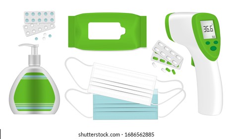 Virus and bacteria protection prevention hygiene set. Face masks, vitamins, medicines, antibacterial liquid soap, wet wipes, body infrared thermometer. Realistic vector illustration.