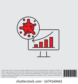 Virus, bacteria and schedule, chart, graph on monitor (board) line, linear icon, symbol, sign. coronavirus, COVID-19 icon, logo black and red on white background. 2019-ncov simple