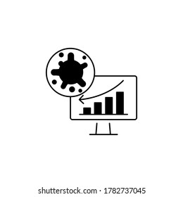 Virus, bacteria and schedule, chart, graph on monitor (board) icon, symbol, sign. coronavirus, COVID-19 icon, logo black on white background. 2019-ncov simple
