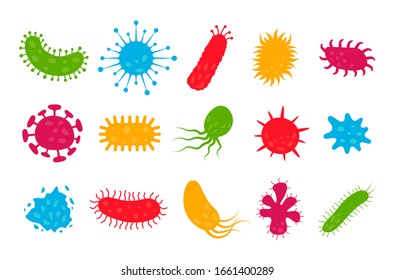 Virus Bacteria Set. Flu Microbes, Germs And Toxin Cells Isolated On White Background. Infection Microbiology Design Templates, Vector Illustration Of Viruses And Disease Bacterias