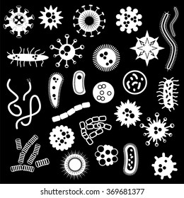 Virus and bacteria set. White on black background