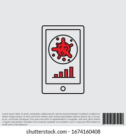 Virus, Bakterien in Smartphone und Zeitplan, Diagramm, Graphen Linie, lineares Symbol, Symbol, Zeichen. Coronavirus, COVID-19 Symbol, Logo schwarz und rot auf weißem Hintergrund. 2019-ncov simple