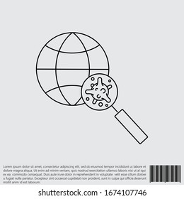 Virus, bacteria through a magnifying glass on globe line, linear icon, symbol, sign. coronavirus, COVID-19 icon, logo black on white background. 2019-ncov