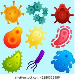 Virus and bacteria vector illustration set. Microorganism illustration of coronavirus, pandemic, outbreak or quarantine. Covid-19 illustration regarding virus, infection, bacteria, germ and illness