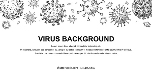 Virus-Banner mit handgezeichneten Design-Elementen. Mikroskop-Virus, Nahaufnahme. Vektorillustration im Skizzenstil. COVID-2019