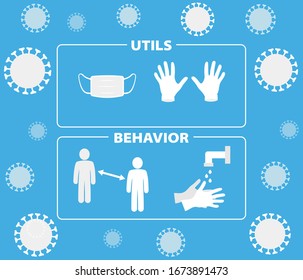 virus behavior and utils icons, covid-19, corona.
Use a mask and gloves in public. Keep distance to other people and always wash your hands.