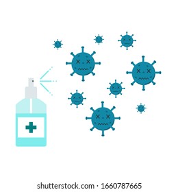 virus being killed by alcohol spray, disinfectant solution