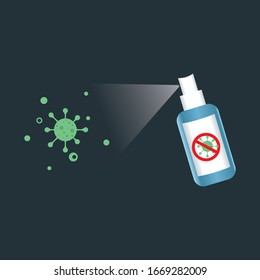 Virus being killed by alcohol spray, disinfectant solution. Sign caution coronavirus. Stop coronavirus. Coronavirus outbreak. Coronavirus danger and public health risk, vector illustration