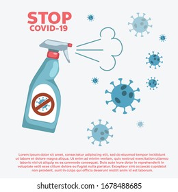 virus being killed by spray,  Stop Covid-19 . Flat vector illustration.