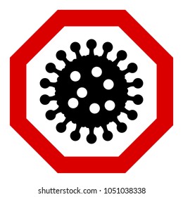 Virus or black bacterium on white background, red sign, vector