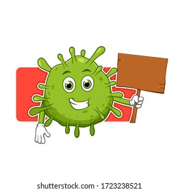 Virus with Blank Wooden Sign in Hand Cartoon Mascot Character. Cartoon Covid-19