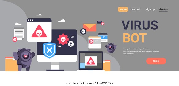 Virus Bot Robot Hacker Danger Piracy Error Background Pirate Attack Artificial Intelligence Concept Flat Horizontal Banner Copy Space Vector Illustration