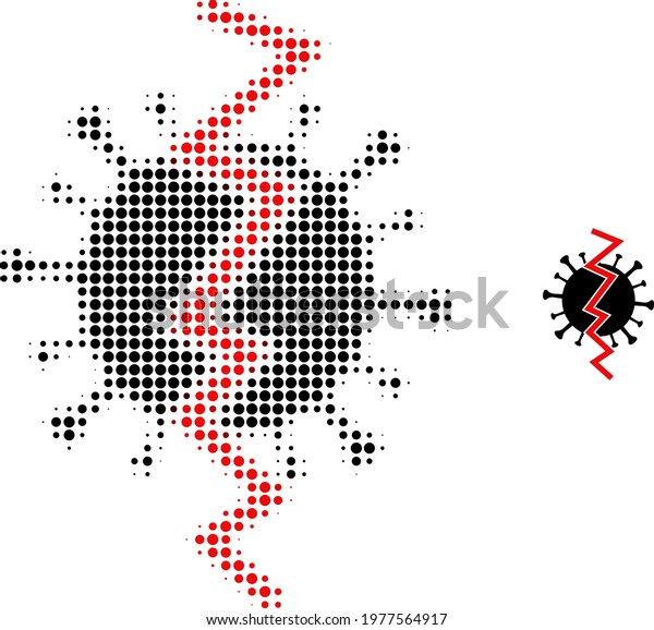 Virus break halftone dot icon illustration.\
Halftone array contains round pixels. Vector illustration of virus\
break icon on a white background. Flat abstraction for virus break\
object.