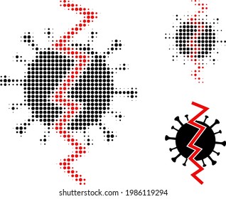 Icono de salto de semitono de virus. El patrón de semitono contiene puntos redondos. Ilustración vectorial del icono de rotura de virus en un fondo blanco.