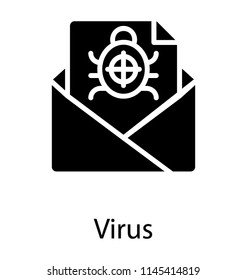 A virus bug graphic on paper sheet that is inside in envelope, email virus threat icon 