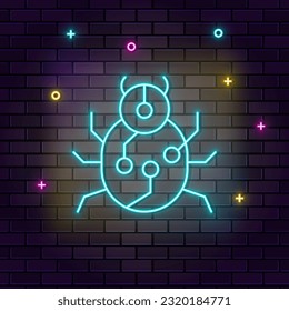 Virus, bug icon , neon on wall. Dark background brick wall neon icon.