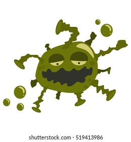 Virus cartoon character. Cute green micro bacteria illustration isolated on white background. Microbe, pathogen, germ icon. Vector monster.