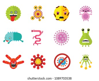 Virus cartoon character icons set. Thirteen vector icons