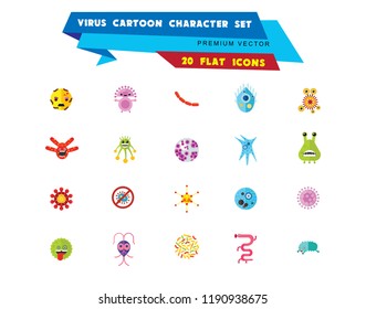 Virus cartoon character icons set. Thirteen vector icons