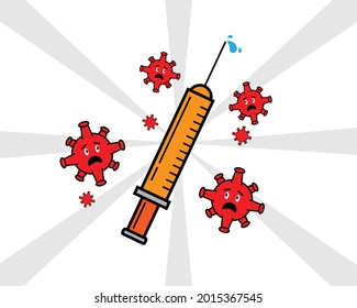 Caricatura de virus con expresión asustada. La vacuna mata al virus. Ilustración del vector