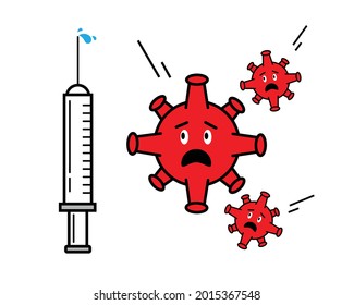 Virus cartoon character with scared expression. The virus is killed by the vaccine. Vector illustration