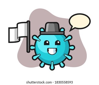 Virus cartoon holding a flag